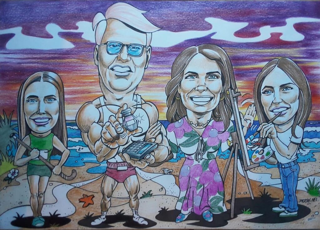 Marnus’s family caricature by Pierre Nel
