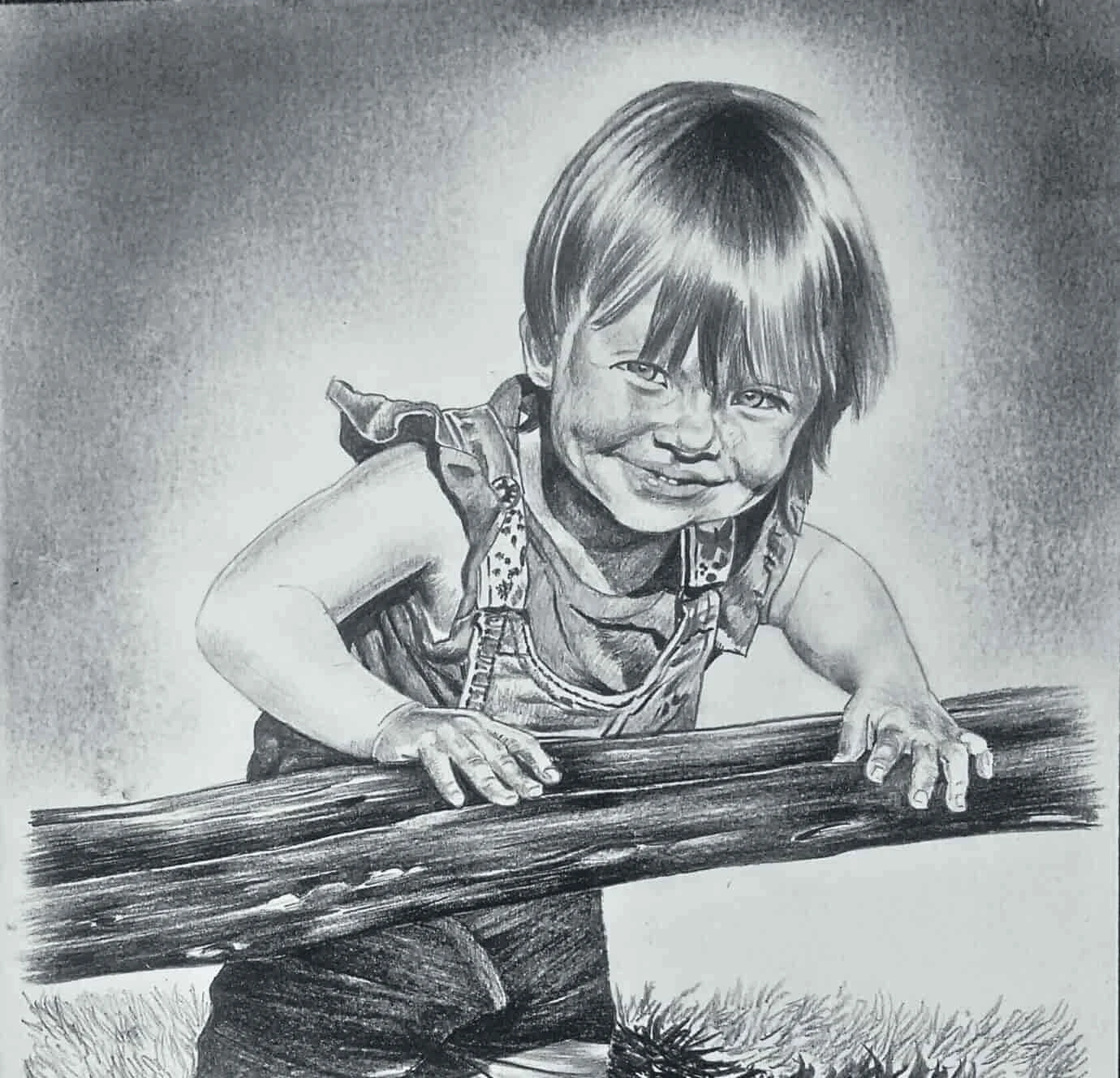 A detailed pencil drawing of a young child holding a fishing rod